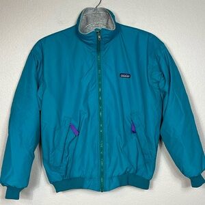 Vintage Patagonia Bomber Puffer Type Jacket In Teal Blue With Grey Fleece Sz 12